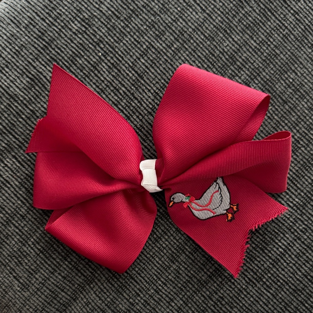 Red Hair Bow with Embroidered Goose